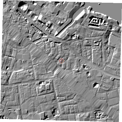Shaded relief map of the ground around SE12DX, computed from Environment Agency LiDAR. The ground here sits at about 3 m above sea level and falls 5 m across the surrounding 800 m. Surface water reaching this point runs off ground lying to the east-south-east, 1.7 m higher.