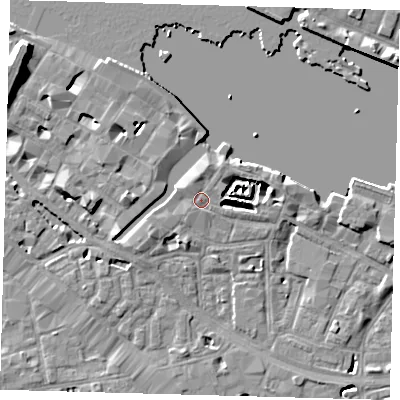 Shaded relief map of the ground around SE12DZ, computed from Environment Agency LiDAR. The ground here sits at about 4 m above sea level and falls 10 m across the surrounding 800 m. Surface water reaching this point runs off ground lying to the east-north-east, 4.2 m higher.