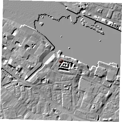 Shaded relief map of the ground around SE12EA, computed from Environment Agency LiDAR. The ground here sits at about 4 m above sea level and falls 8 m across the surrounding 800 m. Surface water reaching this point runs off ground lying to the south-south-east, 3.7 m higher.