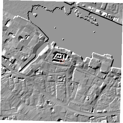 Shaded relief map of the ground around SE12EB, computed from Environment Agency LiDAR. The ground here sits at about 3 m above sea level and falls 8 m across the surrounding 800 m. Surface water reaching this point runs off ground lying to the north-east, 4.2 m higher.