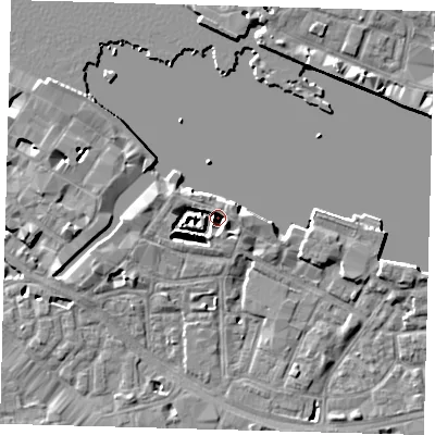Shaded relief map of the ground around SE12ED, computed from Environment Agency LiDAR. The ground here sits at about 3 m above sea level and falls 8 m across the surrounding 800 m. Surface water reaching this point runs off ground lying to the north-east, 4.2 m higher.