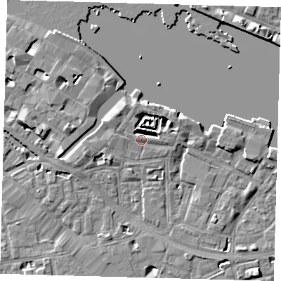 Shaded relief map of the ground around SE12EE, computed from Environment Agency LiDAR. The ground here sits at about 4 m above sea level and falls 8 m across the surrounding 800 m. Surface water reaching this point runs off ground lying to the north-east, 4.2 m higher.