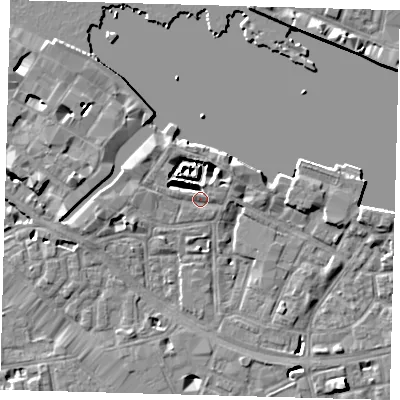 Shaded relief map of the ground around SE12EF, computed from Environment Agency LiDAR. The ground here sits at about 4 m above sea level and falls 8 m across the surrounding 800 m. Surface water reaching this point runs off ground lying to the west-north-west, 1.0 m higher.