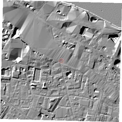 Shaded relief map of the ground around SE12EG, computed from Environment Agency LiDAR. The ground here sits at about 3 m above sea level and falls 28 m across the surrounding 800 m. Surface water reaching this point runs off ground lying to the north-north-east, 4.0 m higher.