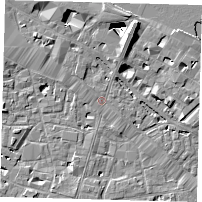 Shaded relief map of the ground around SE12EH, computed from Environment Agency LiDAR. The ground here sits at about 4 m above sea level and falls 29 m across the surrounding 800 m. Surface water reaching this point runs off ground lying to the north-north-east, 6.7 m higher.