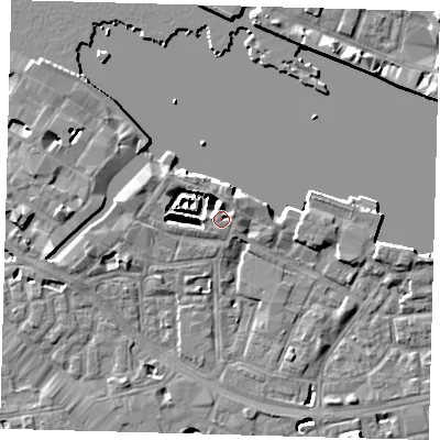 Shaded relief map of the ground around SE12EJ, computed from Environment Agency LiDAR. The ground here sits at about 4 m above sea level and falls 8 m across the surrounding 800 m. Surface water reaching this point runs off ground lying to the north, 1.9 m higher.