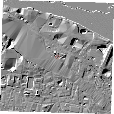 Shaded relief map of the ground around SE12EL, computed from Environment Agency LiDAR. The ground here sits at about 4 m above sea level and falls 29 m across the surrounding 800 m. Surface water reaching this point runs off ground lying to the east-north-east, 2.4 m higher.