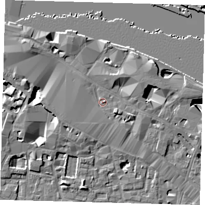 Shaded relief map of the ground around SE12EQ, computed from Environment Agency LiDAR. The ground here sits at about 4 m above sea level and falls 27 m across the surrounding 800 m. Surface water reaching this point runs off ground lying to the east-north-east, 4.0 m higher.