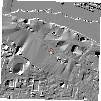 Shaded relief map of the ground around SE12ER, computed from Environment Agency LiDAR. The ground here sits at about 4 m above sea level and falls 27 m across the surrounding 800 m. Surface water reaching this point runs off ground lying to the east-north-east, 4.0 m higher.