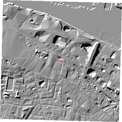 Shaded relief map of the ground around SE12EU, computed from Environment Agency LiDAR. The ground here sits at about 5 m above sea level and falls 29 m across the surrounding 800 m. Surface water reaching this point runs off ground lying to the north, 4.4 m higher.