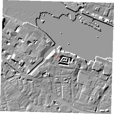 Shaded relief map of the ground around SE12EW, computed from Environment Agency LiDAR. The ground here sits at about 4 m above sea level and falls 10 m across the surrounding 800 m. Surface water reaching this point runs off ground lying to the east-south-east, 3.7 m higher.