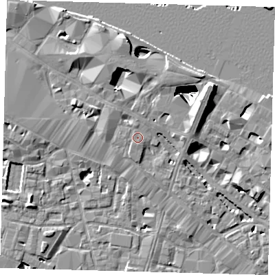 Shaded relief map of the ground around SE12EY, computed from Environment Agency LiDAR. The ground here sits at about 4 m above sea level and falls 29 m across the surrounding 800 m. Surface water reaching this point runs off ground lying to the north, 0.7 m higher.