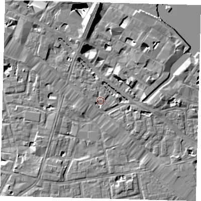 Shaded relief map of the ground around SE12EZ, computed from Environment Agency LiDAR. The ground here sits at about 4 m above sea level and falls 29 m across the surrounding 800 m. Surface water reaching this point runs off ground lying to the north, 9.1 m higher.