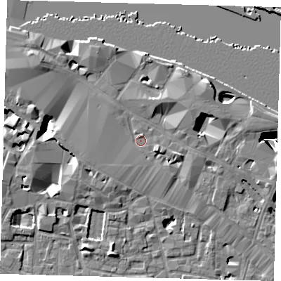 Shaded relief map of the ground around SE12FB, computed from Environment Agency LiDAR. The ground here sits at about 4 m above sea level and falls 27 m across the surrounding 800 m. Surface water reaching this point runs off ground lying to the east-north-east, 4.0 m higher.