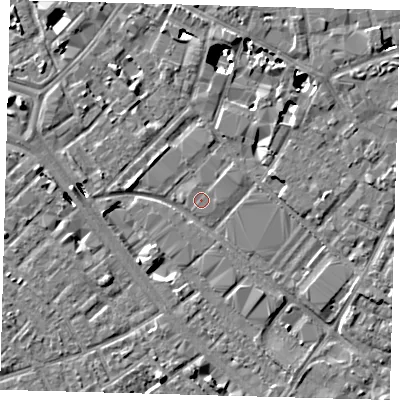 Shaded relief map of the ground around SE12GB, computed from Environment Agency LiDAR. The ground here sits at about 2 m above sea level and falls 8 m across the surrounding 800 m. The ground contributing surface water to this point lies to the north-north-west.