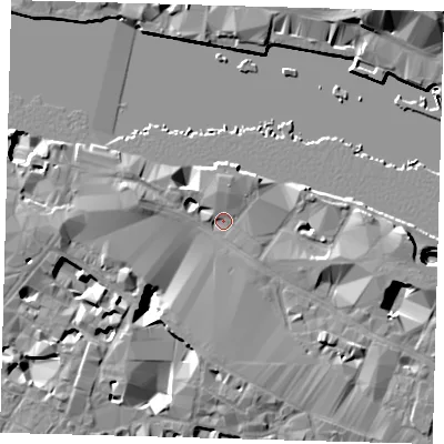 Shaded relief map of the ground around SE12HB, computed from Environment Agency LiDAR. The ground here sits at about 4 m above sea level and falls 16 m across the surrounding 800 m. Surface water reaching this point runs off ground lying to the west-north-west, 10.1 m higher.