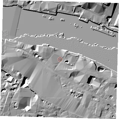 Shaded relief map of the ground around SE12HD, computed from Environment Agency LiDAR. The ground here sits at about 4 m above sea level and falls 32 m across the surrounding 800 m. Surface water reaching this point runs off ground lying to the east, 5.1 m higher.