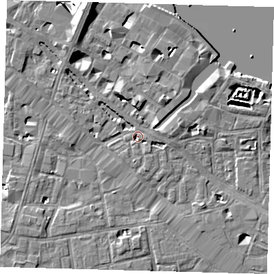 Shaded relief map of the ground around SE12HG, computed from Environment Agency LiDAR. The ground here sits at about 3 m above sea level and falls 28 m across the surrounding 800 m. Surface water reaching this point runs off ground lying to the east, 2.9 m higher.