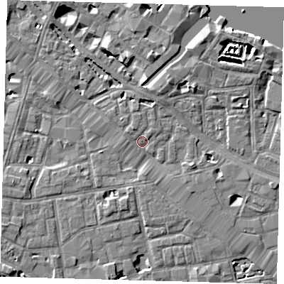 Shaded relief map of the ground around SE12HH, computed from Environment Agency LiDAR. The ground here sits at about 3 m above sea level and falls 5 m across the surrounding 800 m. Surface water reaching this point runs off ground lying to the north-north-east, 2.3 m higher.