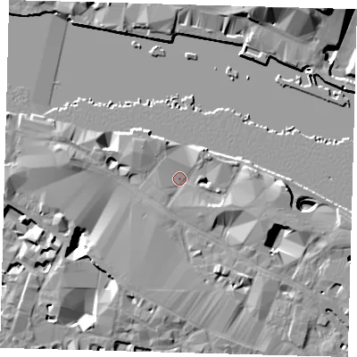 Shaded relief map of the ground around SE12HL, computed from Environment Agency LiDAR. The ground here sits at about 4 m above sea level and falls 27 m across the surrounding 800 m. Surface water reaching this point runs off ground lying to the east, 5.1 m higher.