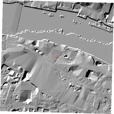 Shaded relief map of the ground around SE12HP, computed from Environment Agency LiDAR. The ground here sits at about 4 m above sea level and falls 16 m across the surrounding 800 m. Surface water reaching this point runs off ground lying to the east, 5.1 m higher.