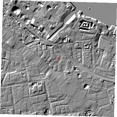Shaded relief map of the ground around SE12HQ, computed from Environment Agency LiDAR. The ground here sits at about 3 m above sea level and falls 7 m across the surrounding 800 m. Surface water reaching this point runs off ground lying to the south-east, 1.7 m higher.