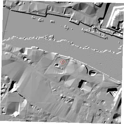 Shaded relief map of the ground around SE12HU, computed from Environment Agency LiDAR. The ground here sits at about 5 m above sea level and falls 33 m across the surrounding 800 m. Surface water reaching this point runs off ground lying to the south, 0.9 m higher.