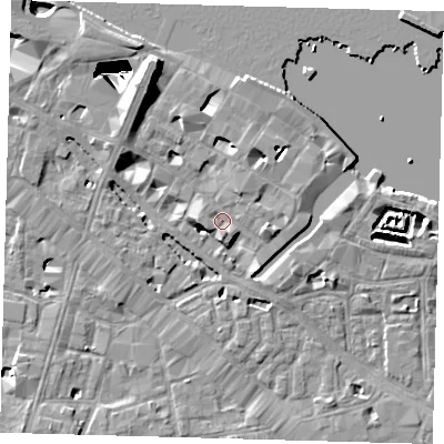 Shaded relief map of the ground around SE12JE, computed from Environment Agency LiDAR. The ground here sits at about 4 m above sea level and falls 29 m across the surrounding 800 m. Surface water reaching this point runs off ground lying to the south-south-east, 2.1 m higher.