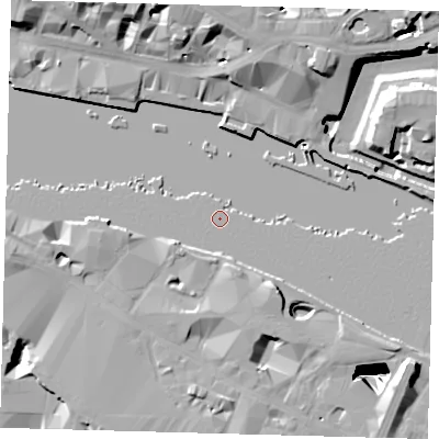 Shaded relief map of the ground around SE12JH, computed from Environment Agency LiDAR. The ground here sits at about 3 m above sea level and falls 35 m across the surrounding 800 m. Surface water reaching this point runs off ground lying to the east, 0.8 m higher.