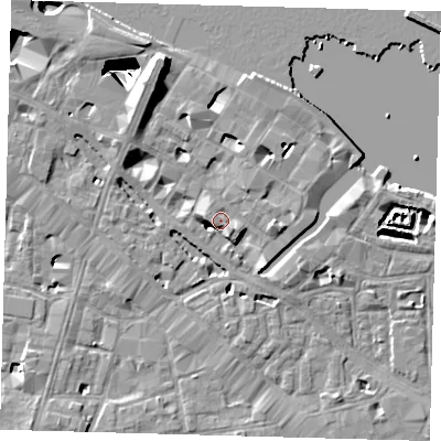 Shaded relief map of the ground around SE12JJ, computed from Environment Agency LiDAR. The ground here sits at about 6 m above sea level and falls 29 m across the surrounding 800 m. Surface water reaching this point runs off ground lying to the west-south-west, 4.9 m higher.