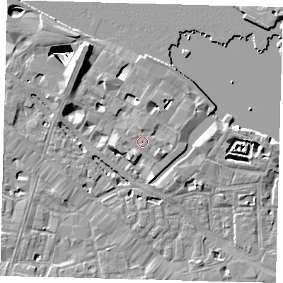 Shaded relief map of the ground around SE12JN, computed from Environment Agency LiDAR. The ground here sits at about 5 m above sea level and falls 29 m across the surrounding 800 m. Surface water reaching this point runs off ground lying to the south-west, 2.1 m higher.