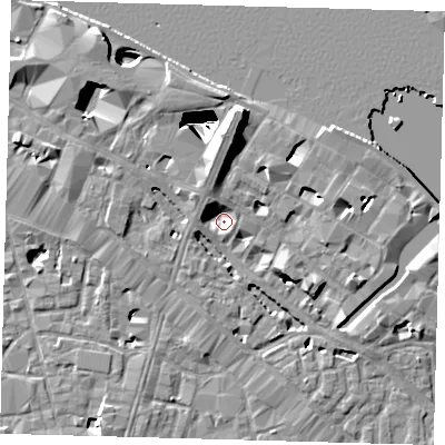 Shaded relief map of the ground around SE12JX, computed from Environment Agency LiDAR. The ground here sits at about 2 m above sea level and falls 29 m across the surrounding 800 m. Surface water reaching this point runs off ground lying to the north-north-west, 4.3 m higher.