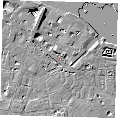 Shaded relief map of the ground around SE12LA, computed from Environment Agency LiDAR. The ground here sits at about 4 m above sea level and falls 29 m across the surrounding 800 m. Surface water reaching this point runs off ground lying to the north-north-west, 9.1 m higher.