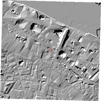 Shaded relief map of the ground around SE12LD, computed from Environment Agency LiDAR. The ground here sits at about 3 m above sea level and falls 29 m across the surrounding 800 m. Surface water reaching this point runs off ground lying to the north-east, 6.1 m higher.