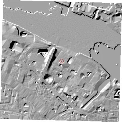 Shaded relief map of the ground around SE12LF, computed from Environment Agency LiDAR. The ground here sits at about 5 m above sea level and falls 29 m across the surrounding 800 m. Surface water reaching this point runs off ground lying to the west, 4.5 m higher.