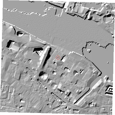 Shaded relief map of the ground around SE12LH, computed from Environment Agency LiDAR. The ground here sits at about 4 m above sea level and falls 29 m across the surrounding 800 m. Surface water reaching this point runs off ground lying to the south-south-west, 1.2 m higher.