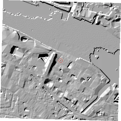 Shaded relief map of the ground around SE12LJ, computed from Environment Agency LiDAR. The ground here sits at about 4 m above sea level and falls 29 m across the surrounding 800 m. Surface water reaching this point runs off ground lying to the north-west, 5.7 m higher.