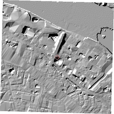 Shaded relief map of the ground around SE12LL, computed from Environment Agency LiDAR. The ground here sits at about 5 m above sea level and falls 29 m across the surrounding 800 m. Surface water reaching this point runs off ground lying to the north-north-west, 4.3 m higher.
