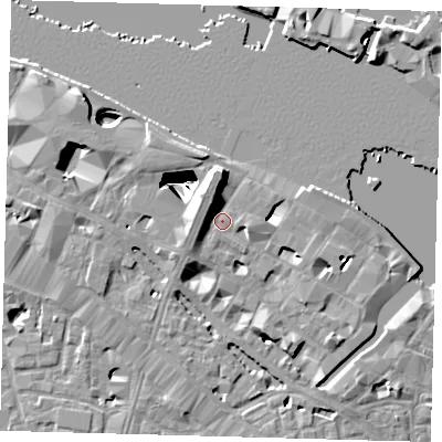 Shaded relief map of the ground around SE12LN, computed from Environment Agency LiDAR. The ground here sits at about 5 m above sea level and falls 29 m across the surrounding 800 m. Surface water reaching this point runs off ground lying to the north-west, 3.6 m higher.