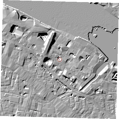 Shaded relief map of the ground around SE12LP, computed from Environment Agency LiDAR. The ground here sits at about 3 m above sea level and falls 29 m across the surrounding 800 m. Surface water reaching this point runs off ground lying to the west-north-west, 2.8 m higher.