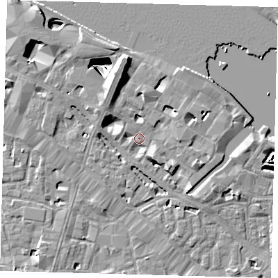 Shaded relief map of the ground around SE12LR, computed from Environment Agency LiDAR. The ground here sits at about 4 m above sea level and falls 29 m across the surrounding 800 m. Surface water reaching this point runs off ground lying to the south-south-east, 1.5 m higher.