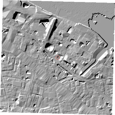 Shaded relief map of the ground around SE12LT, computed from Environment Agency LiDAR. The ground here sits at about 3 m above sea level and falls 29 m across the surrounding 800 m. Surface water reaching this point runs off ground lying to the north, 8.5 m higher.