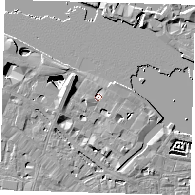 Shaded relief map of the ground around SE12LX, computed from Environment Agency LiDAR. The ground here sits at about 3 m above sea level and falls 29 m across the surrounding 800 m. Surface water reaching this point runs off ground lying to the west, 6.7 m higher.