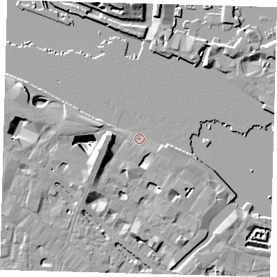 Shaded relief map of the ground around SE12LY, computed from Environment Agency LiDAR. The ground here sits at about 3 m above sea level and falls 29 m across the surrounding 800 m. Surface water reaching this point runs off ground lying to the west, 6.7 m higher.