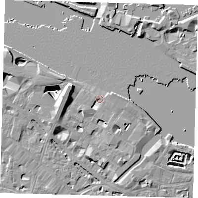 Shaded relief map of the ground around SE12LZ, computed from Environment Agency LiDAR. The ground here sits at about 4 m above sea level and falls 29 m across the surrounding 800 m. Surface water reaching this point runs off ground lying to the west, 6.7 m higher.