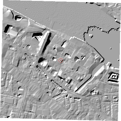 Shaded relief map of the ground around SE12NA, computed from Environment Agency LiDAR. The ground here sits at about 5 m above sea level and falls 29 m across the surrounding 800 m. Surface water reaching this point runs off ground lying to the west-north-west, 2.8 m higher.