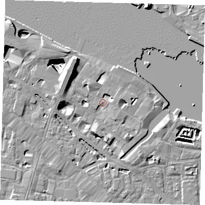 Shaded relief map of the ground around SE12NB, computed from Environment Agency LiDAR. The ground here sits at about 4 m above sea level and falls 29 m across the surrounding 800 m. Surface water reaching this point runs off ground lying to the north-west, 6.7 m higher.