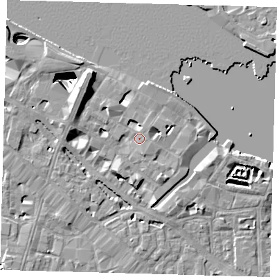 Shaded relief map of the ground around SE12ND, computed from Environment Agency LiDAR. The ground here sits at about 4 m above sea level and falls 29 m across the surrounding 800 m. Surface water reaching this point runs off ground lying to the north-west, 6.7 m higher.