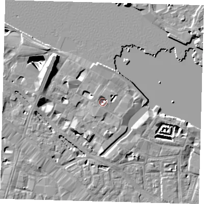 Shaded relief map of the ground around SE12NE, computed from Environment Agency LiDAR. The ground here sits at about 3 m above sea level and falls 29 m across the surrounding 800 m. Surface water reaching this point runs off ground lying to the south-south-west, 3.1 m higher.