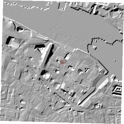 Shaded relief map of the ground around SE12NG, computed from Environment Agency LiDAR. The ground here sits at about 5 m above sea level and falls 29 m across the surrounding 800 m. Surface water reaching this point runs off ground lying to the west-north-west, 6.1 m higher.